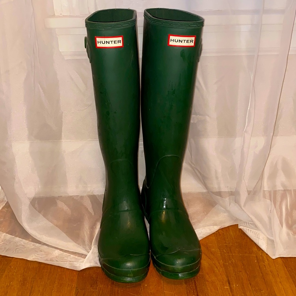 Green hunter boots.  Tall & gently used